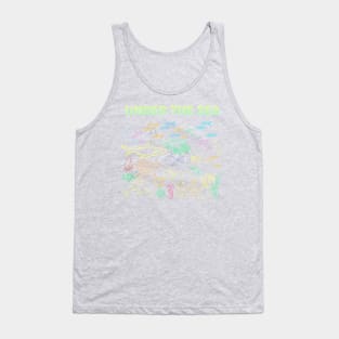 under the sea,blue sea,sea creatures,Turtle, puffer fish, starfish, shrimp, shark, tropical fish, sea horse, seaweed, sardines, squid, crabs, clams Tank Top